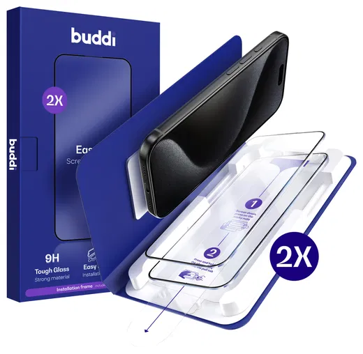 Buddi Easy Fit iPhone 15 Pro Max Tempered Glass met Installatietray (2-Pack)