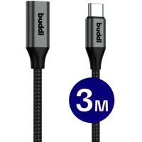 Buddi Flex USB-C Female naar USB-C Male Verlengkabel 60W 3M Zwart